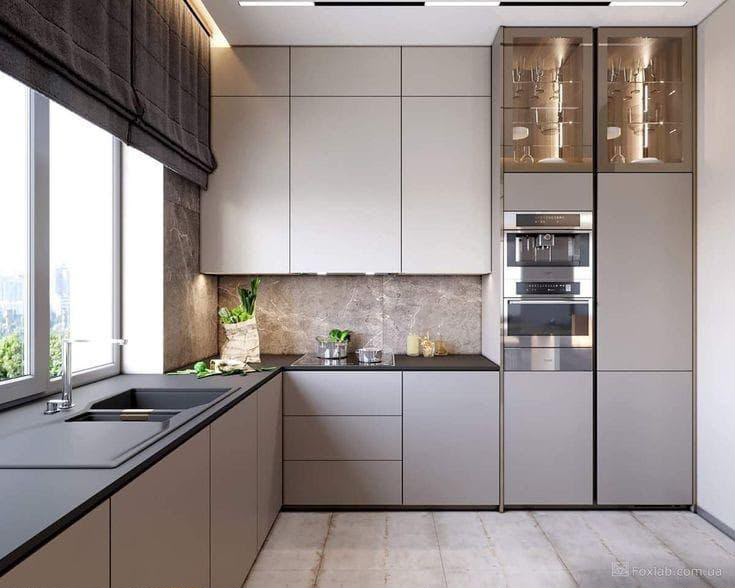 Cuisine d'angle moderne beige et bois